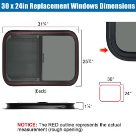 OUTPRIZE Horizontal RV Window, 30" W x 24" H Tinted Sliding RV Window with Net Screen and Trim Ring, Suitable for 15/16" or 1-3/8" and Slightly Thicker Up to 1/16" Walls, DOT Approved