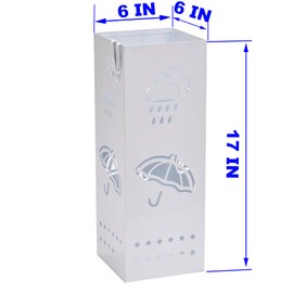 BEWBBAT Metal Umbrella Stand for Entryway, 6 x 6 x 17 Inch White Square Umbrella Organizer Bin, Free Standing Umbrella Holder with 2 Removable Hooks for Umbrella,Walking Sticks, Home Office Decor