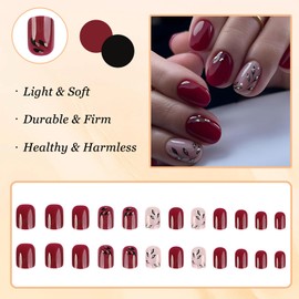 24 Pcs False Nails Short for Women, Cherry Buds, Full Cover Press on Nails, Removable Glue on Nails Acrylic Fake Nails with Glue Stickers, Women Girls Nail Art Accessories