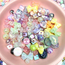 50g Acrylic Assorted Beads Random Mix Color Flower Heart SART Candy Beads Cute Beads for Jewelry Making Aesthetic Craft Beads for DIY Bracelets Necklaces Keychain Phone Chain Accessories(Mix-Color)