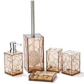 Clear Acrylic Bathroom Accessories Set - Rust-Free, Transparent Design - Includes Soap Dispenser, Toothbrush Holder, Cup, Soap Dish, and Toilet Brush 5-Piece (Brown)