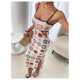GORGLITTER Women's Boho Floral Open Back Tie Knit Dress Cut Out Spaghetti Strap Bodycon Midi Dresses with Slit Apricot Large