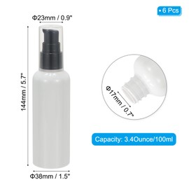 PATIKIL Travel Pump Bottles, 6 Pcs 3.4Oz(100ml) Leak Proof Refillable Empty Dispenser Container Squeeze Bottle with Pump for Shampoo Toiletries Lotion Cream, White