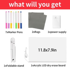LED Note Board,11.8"X7.9" Acrylic Dry Erase Board with Light, Includes Adapter & 7 Markers Soft Cloth Led Drawing Board for Kids Holiday Trend Gift