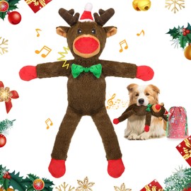 Lewondr Christmas Squeaky Dog Toys, Xmas Reindeer Plush Dog Toy with Squeakers, Puppy Teething Toys with Chew Guard, for Small & Medium Dogs, Dark Brown