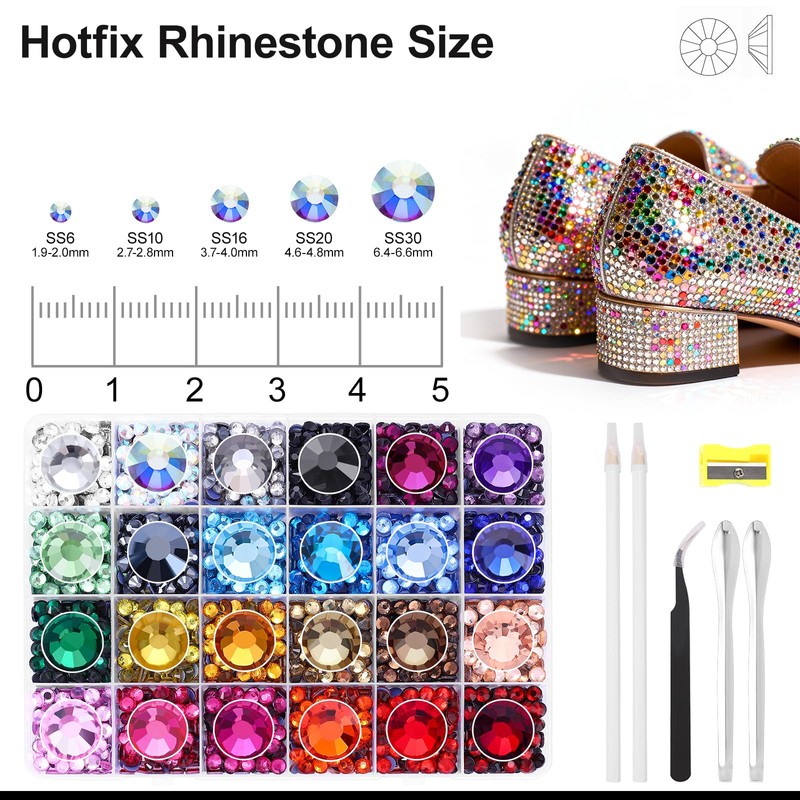 24 Colors Hotfix Rhinestones Kit, SS16 Glass Rhinestone for Bedazzling