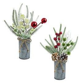 Prashent 2 Pcs Small Christmas Floral Arrangement 13'' Xmas Artificial Farmhouse Mini Plants Fake Christmas Berry Stem Picks with Metal Pot for Holiday Home Centerpieces Table Decor