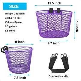 Adult Bike Basket Front, Bicycle Basket for Women, Waterproof Metal Wire Bicycle Basket with Carrying Handle, Suitable for Most Adult Bicycles, Practical Bike Accessories (Purple)