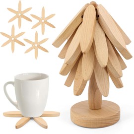 Beech Wooden Tree Coaster Set - Foldable Heat Resistant Mat for Table Protection,4-Piece Heat Insulation Coasters,Home Decor & Housewarming Gift