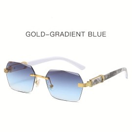 Vintage Style Rimless Fashion Glasses for Men & Women - Thick PC Lenses, Metal Hinges, Marble Pattern, Lightweight & DurableDesign: Golden Frame Gradient Blue, Frame Material: Alloy