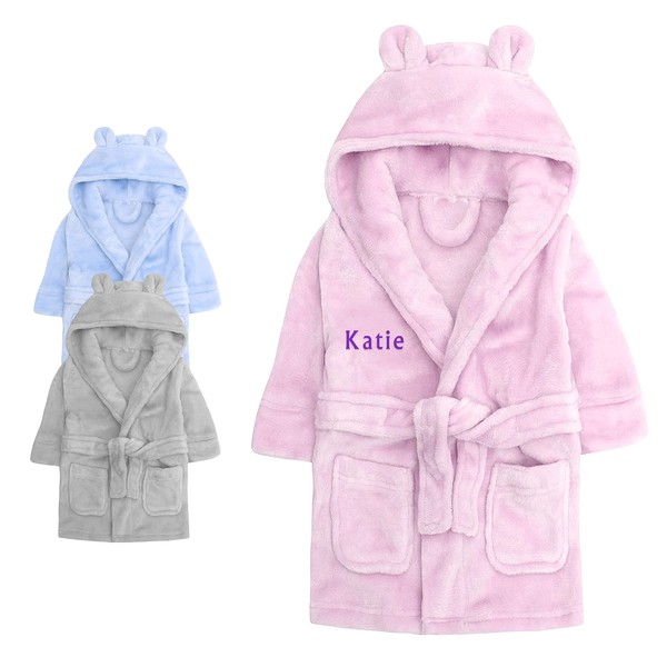 Personalised Boy Girl Baby Hooded Bath Robe, Dressing Gown with Bear Ears, Pockets, Super Soft, Perfect for Gift (Pink/Embroidery, 6-12 Months, 6_months)