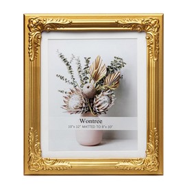 Wontree 8x10 Ornate Vintage Picture Frame Gold with Baroque Flower Trim, Solid Wood with Real Glass, Display 10x12 Photos Matted to 8x10, Vertical and Horizontal Desk Tabletop or Wall Hanging