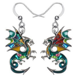 LONYOO Enamel Fantasy Dragon Earrings Zinc Alloy Dangle Drop Dinosaur Jewelry Gifts for Women Girls Charms (Green)