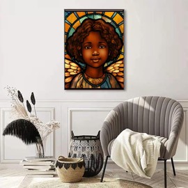 GOLDyyFROG Full Round Drill Black Angel 5D Diamond Art Painting Kits by Number for Adults Stained Glass Style Crystal Beads Mosaic Painting Rhinestone Embroidery Craft Kits for Decor 12x16 inch