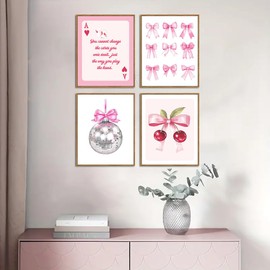 ARTZIO Dorm Girls Vogue Framed Wall Art, Bow Pink Cherry Decor, Disco Ball Preppy Aesthetic, Playing Cards White Bedroom Wall Decor, Set Of 4 8x10 Inches, Ready To Hang
