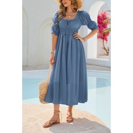 R.Vivimos Women's Summer Square Neck Midi Dress 2025 Casual Puff Half Sleeve Elastic Empire Waist Boho Flowy Long Dresses (Medium, Dusty Blue)