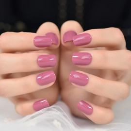 Elevenail Pre-design Press on Nails Glossy Dark Pink False Nails Medium Short Nail Art Tips Women Girls Gift Salon DIY Manicure Kits Daily Party Reusable Acrylic Fake Nails with Adhesive Tab