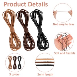 Deepton 3 Colours Leather Band, 5 m x 2 mm Leather Cord for Chains, Leather Cord with Clasp, Craft Leather Bands, Faux Suede Cord, Leather Cord Chain for DIY Bracelet, Necklace, Jewellery Crafts