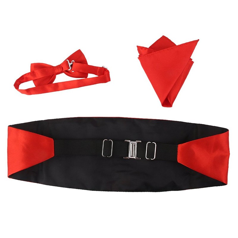 LUOEM Set of 3 Men's Satin Bow Tie Cummerbund Handkerchief