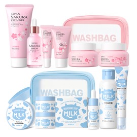 Sakura & Milk Skincare Set for Teens & Kids, 15 PCS Complete Day & Night Face Routine Kit for Girls & Office Worker, Hydrating, Shrink Pores, Perfect Gift Set for Self Care, Birthday, Party