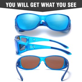 DUCO Wraparound Fitover Glasses Polarized Wear Over Sunglasses for Men Women UV Protection Sun Glasses Driving 8953 (M Size Transparent Blue Frame Revo Blue Lens)