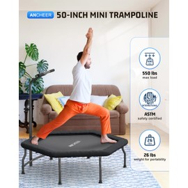 Mini Trampoline for Adults, ANCHEER 50'' Exercise Rebounder for Adults 550 lbs. Max Load Rebounder Trampoline for Kids and Adults with 3-Level Adjustable Handle Bar