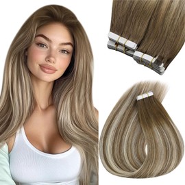 Sunny Hair Tape in Hair Extensions Human Hair Invisible Tape in Hair Extensions Straight Tape in Extensions Hair Extensions for Women 20Pcs 20inch Brown to Medium Brown with Blonde