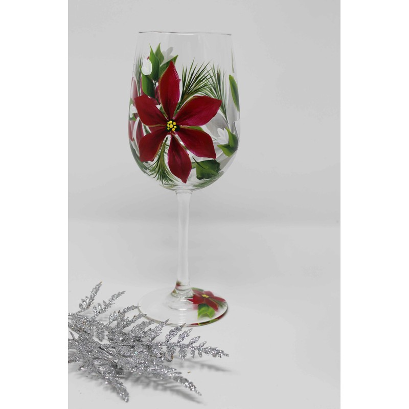 Hand Painted Wine Glasses (Set of 2) - Poinsettia Red/Silver/White