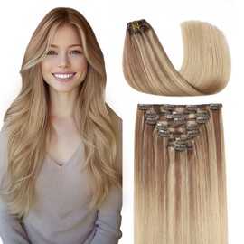 COOKAYU Clip in Hair Extensions Real Human Hair, 10/16/16 Gold Brown to Caramel Blonde Ombre Hair Extensions Clip in Human Hair, 14inch 120g 7Pcs