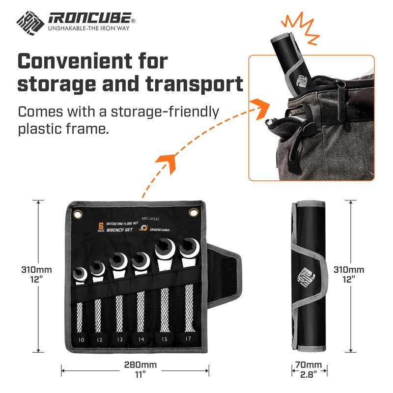ironcube Brake Line Wrench Set: Metric 10-17mm - Ratcheting Open-end