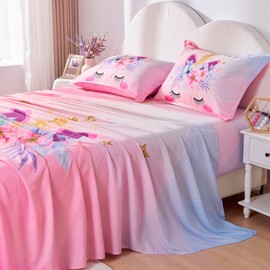 VIVILINEN Full Size Sheet Set 4 Piece Kid Sheets Set for Girls Pink Unicorn Full Bed Sheets Set for Teens Bedding Set Include Flat Sheet, Deep Pocket Fitted Sheet and Pillowcase