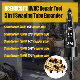 BCEHACBITI HVAC Repair Tool - HVAC Swaging Tube Expander 5 in 1 Air Conditioner Copper Pipe Expander Swage Drill Set Copper Tubing Tool with Hex Shank 1/4, 3/8, 1/2, 5/8, 3/4 Bits