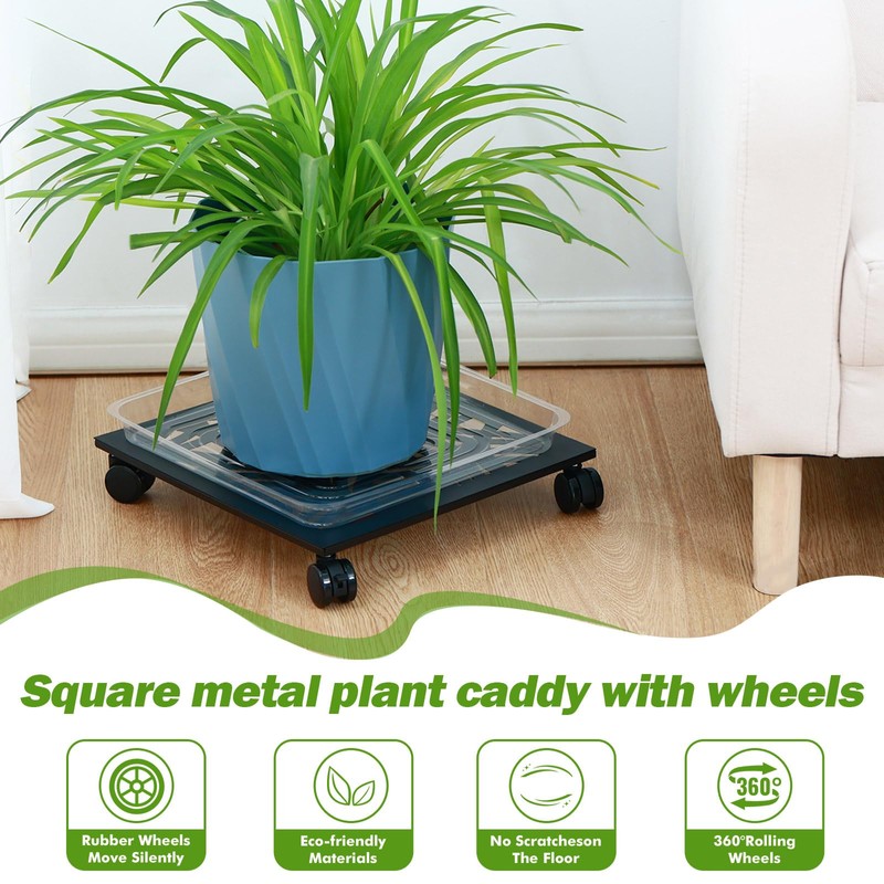 2 Packs 12" Metal Square Plant Caddy with Wheels Large