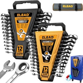 ELEAD 24-Piece Ratcheting Wrench Set, Metric 6-18mm & SAE 1/4"-3/4", 12-Point 72-Tooth CR-V Steel Combination Wrenches with Tool Roll Bag and Magnetic Wrench Organizer for Automotive Repair