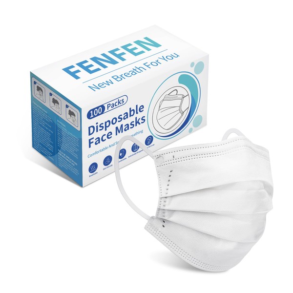FENFEN Disposable Face Mask Adults White - 100 Pack Individually