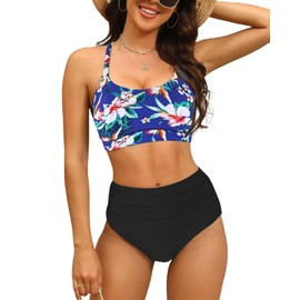 GVAOO - Conjunto de bikini de cintura alta para mujer, con cuello redondo, espalda cruzada, traje de baño de dos piezas para mujer, azul (bluefloral), Large