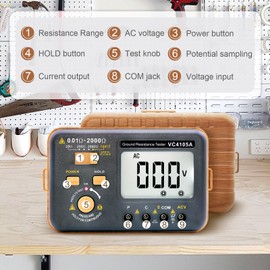 VC4105A Earth Resistance Tester Digital Grounding Resistance Meter 20/200/2000Ω Ground Resistance 750V AC Voltage Measure Backlight LCD Display Data Hold