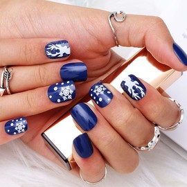 Aceorna Blue Press on Nails Short Square Fake Nails Glossy Snowflake Full Cover Acrylic Nail Reindeer Christmas False Nails for Women 24PCS