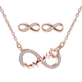 Yumilok Jewelry Sets Zircon Infinity Necklace Earrings Set 925 Sterling Silver Women's Necklace Stud Earrings Heartbeat Pendant Necklace Birthday Christmas Gift for Women Her Friend Mom Sister