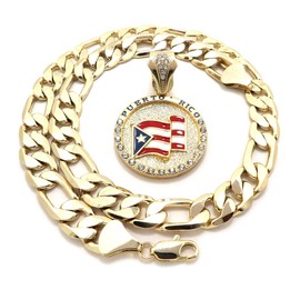 Icemond Men's Gold Tone Puerto Rico Flag Medallion Pendant 12mm 20" Figaro Chain Necklace (Gold - Puerto Rico 20" Figaro Chain)