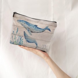 NEGIGA Watercolor Beach Ocean Whale Makeup Bag Travel Cosmetic Bags,Rustic Marine Life Sea Animal Cosmetic Bags with Zipper Pouch Travel Toiletry Case,Gifts for Whale Lovers