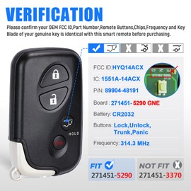 Keymall Smart Key Fob Transmitter Keyless Entry Remote Replacement for Lexus RX350/RX450/GX460/LX570/CT200h 2009-2015 271451-5290GNE Board FCC:HYQ14ACX P/N:89904-48191 4Buttons