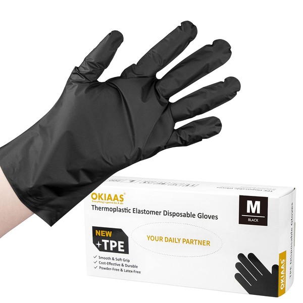 OKIAAS Black Plastic Gloves (100-Count) Latex Free, for Kitchen Cooking Salon| Food Handling Serving, Hair Dying Coloring Gloves Medium