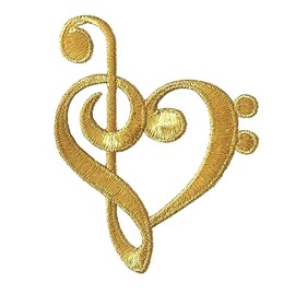 ETDesign #E05209 Gold Love Music, Music Notes, Treble & Bass Clef Heart Iron On Embroidery Applique Patch (Size:3.15" by 2.85")