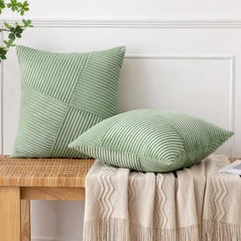 MIULEE Cushion Cover 40 x 40 cm, Bean Green Corduroy, Set of 2 Cushion Covers, Decorative Cushion Cover, Sofa Cushion, Decorative Cushion, Striped Pattern, Patchwork Design for Living Room