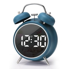 JUSTUP Digital Small Alarm Clock, 4.5 Inch Double Bell Electronic LED Alarm Clock, Plug in or Battery Operated Silent Metal Table Clock, Bedside Loud Bell Clock for Heavy Sleepers Adults Kids (Blue)