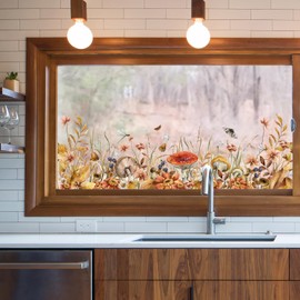 ChicSkin Stained Glass Window Hanging Cling, Watercolor Window Border Film Decorative Fall Window Clings, Glass Window Decor Mushrooms Window Stickers 35.43"X11.81"