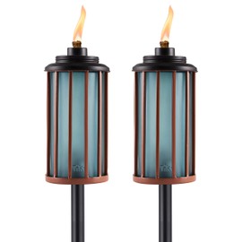 TIKI 2-Pack Retro Stripe Glass Torches, 65-Inch Outdoor Decorative Torches for Patio, Backyard & Garden, Easy Install with Refillable Canister, Long-Lasting Wick & Snuffer, Blue & Copper
