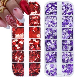 2Box Holographic Valentines Day Nail Art Glitter Love Heart Nail Art Stickers Nail Art Supplies Red Nail Glitter Flower Butterfly Design Nail Glitter Sequins for Women Acrylic Manicure Accessories