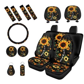 PCSJRKG Sunflower Dog Paw Printed 15 Pcs Full Set Car Accessories, Universal Car Seat Cover Set Front Rear Seat Covers Seat Belt Covers Steering Wheel Cover Car Headrest Cover